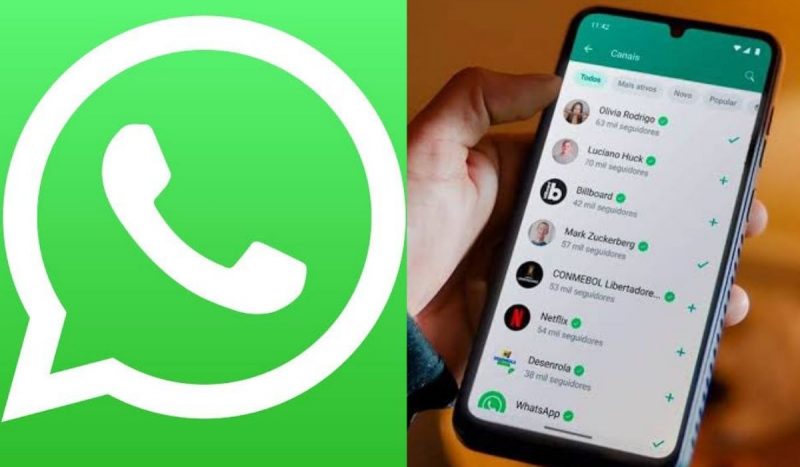 Figura do WhatsApp e de uma pessoa com celular na mão vendo canais no app