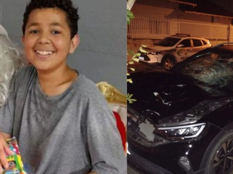 Montagem com adolescente vítima de acidente e carro destruído ao lado