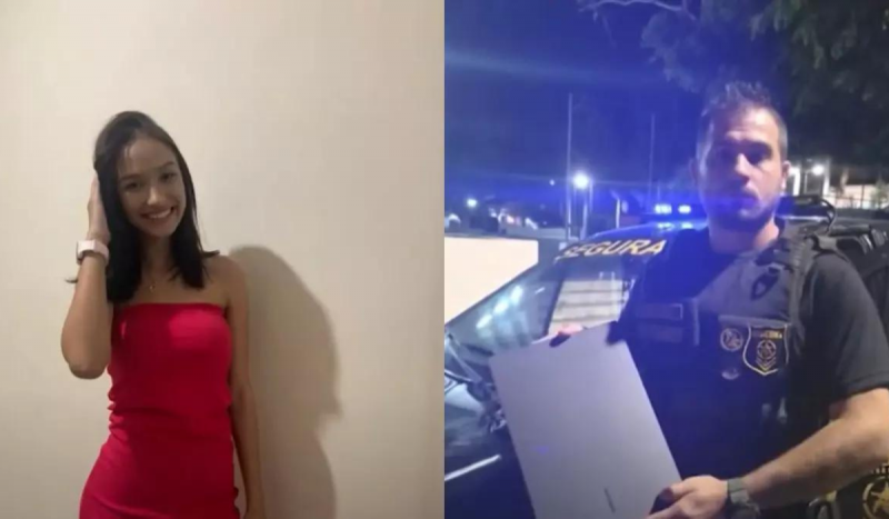 Fotomontagem mostra à esquerda jovem branca sorrindo em pé usando vestido colado rosa. À direita, homem com farda de policial segura computador para a foto