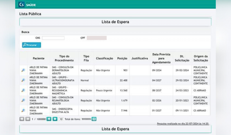 Print de lista de espera de exame para paciente com câncer de SC