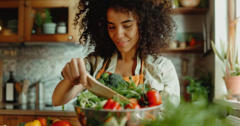 Mulher levando os alimentos para lavar