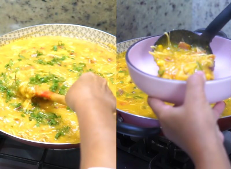 Imagem do caldo de kenga na panela sendo servido