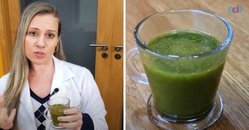 Fotomontagem mostra nutricionista e shot para queimar gordura do fígado e sangue