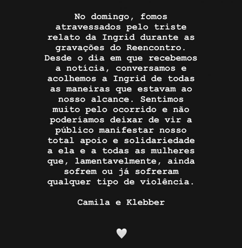 Pronunciamento dos apresentadores sobre a den&uacute;ncia de estupro ap&oacute;s Casamento &agrave;s Cegas Brasil – Foto: Reprodu&ccedil;&atilde;o/@camilaqueiroz/ND