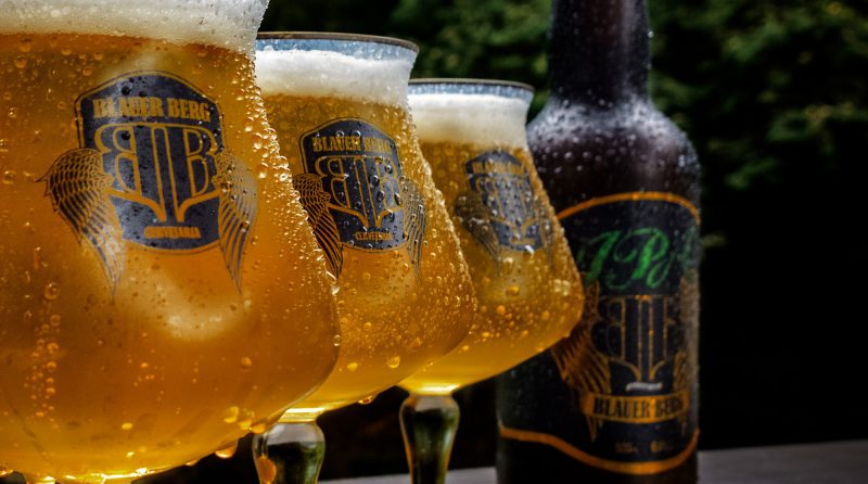 cervejas artesanais em Santa Catarina Foto de três taças de cerveja, com a logomarca da Blauer Berg Cervejaria, de Timbó. As taças estão com aspecto de suor e servidas com uma cerveja clara. Elas estão dispostas na diagonal e uma ao lado da outra. Depois da última taça, a garrafa da cerveja da marca.