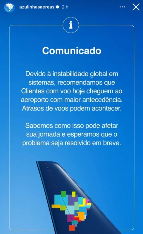 Azul informa instabilidade em sistemas ap&oacute;s apag&atilde;o cibern&eacute;tico, registrado nesta sexta-feira (19) – Foto: Redes sociais/ Reprodu&ccedil;&atilde;o/ ND