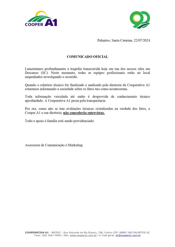 Cooperativa A1, respons&aacute;vel pelo local onde estava o silo, emitiu uma nota oficial no in&iacute;cio da tarde de hoje (22). – Foto: Divulga&ccedil;&atilde;o / Cooperativa A1