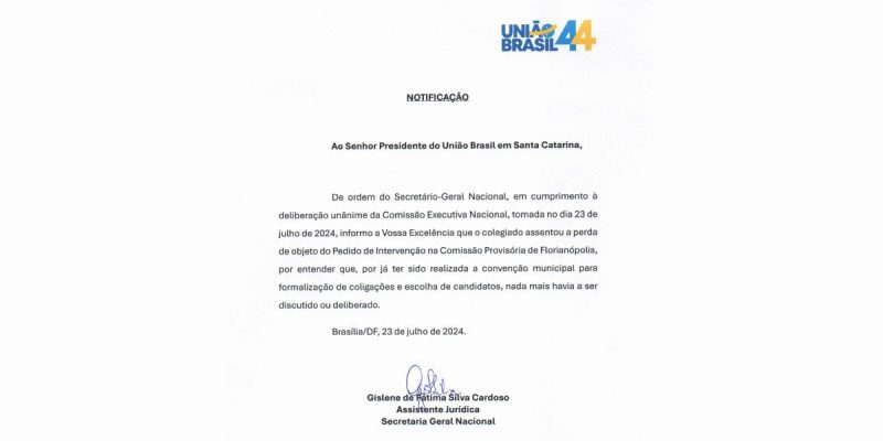 União Brasil de Florianópolis tem o pedido de intervenção arquivado pela secretaria geral do partido