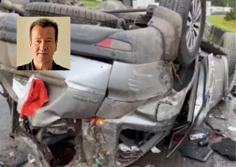 Dunga sofreu capotamento e carro ficou destruido – Foto: Reprodu&ccedil;&atilde;o/Instagram e PRF