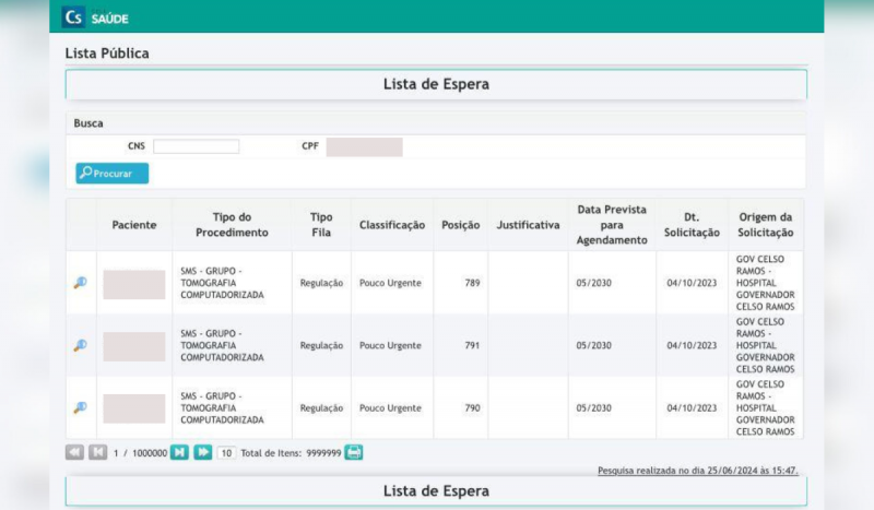 Print de lista de espera de exame para paciente com câncer de SC