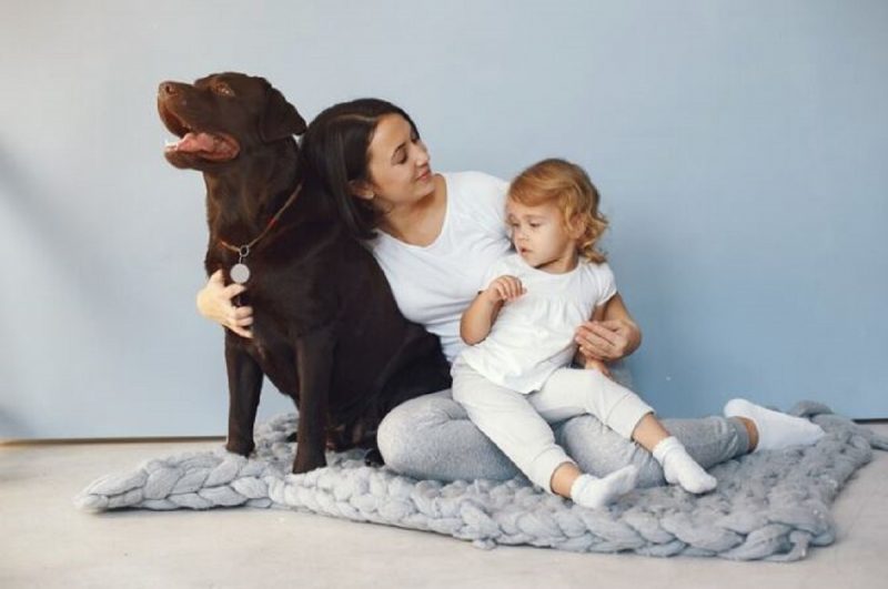 Mãe de pet com seu cachorro e filha no colo 