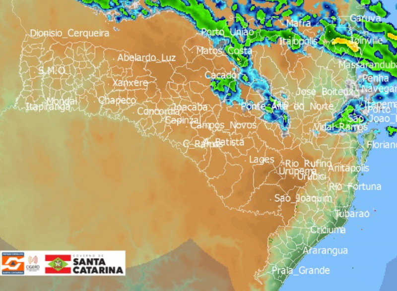 Mapa de Santa Catarina neste sábado