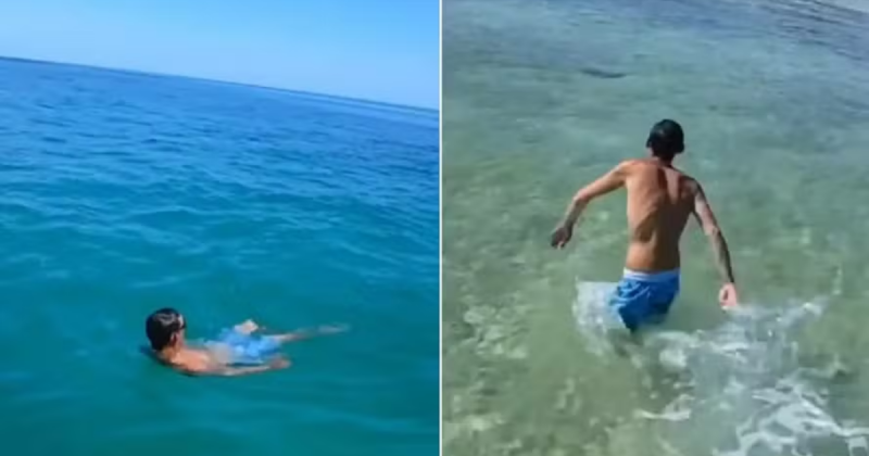 Imagens mostram homem no mar nadando e fugindo de polícia e namorada