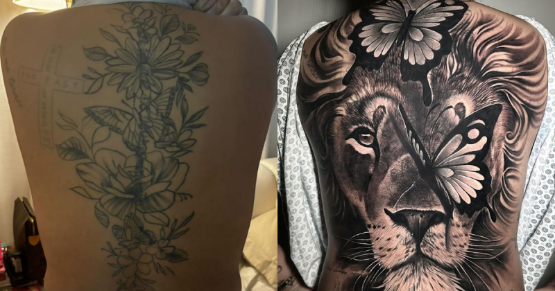 Irmã de Neymar faz tatuagem, com flores na primeira imagem e um leão com borboletas na segunda
