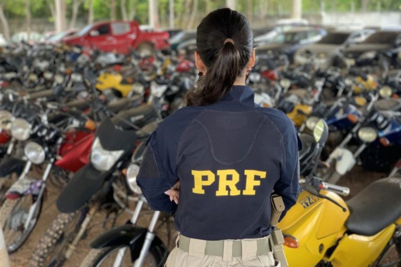 Agente rodoviária em pátio de leilão da PRF