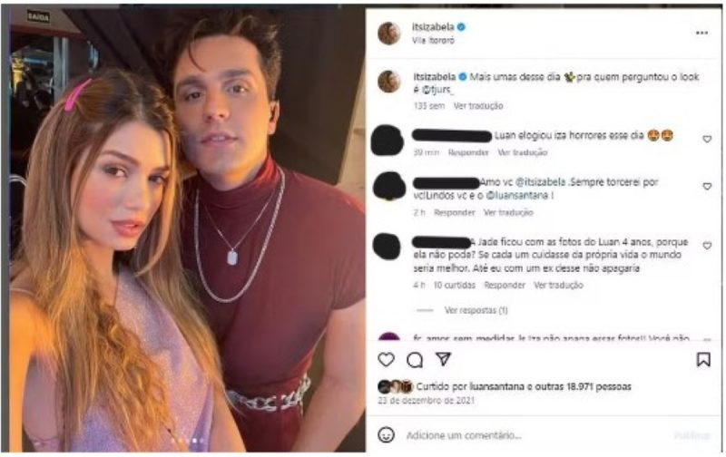 na foto aparece comentários em foto de Izabela cunha ao lado de luan santana 