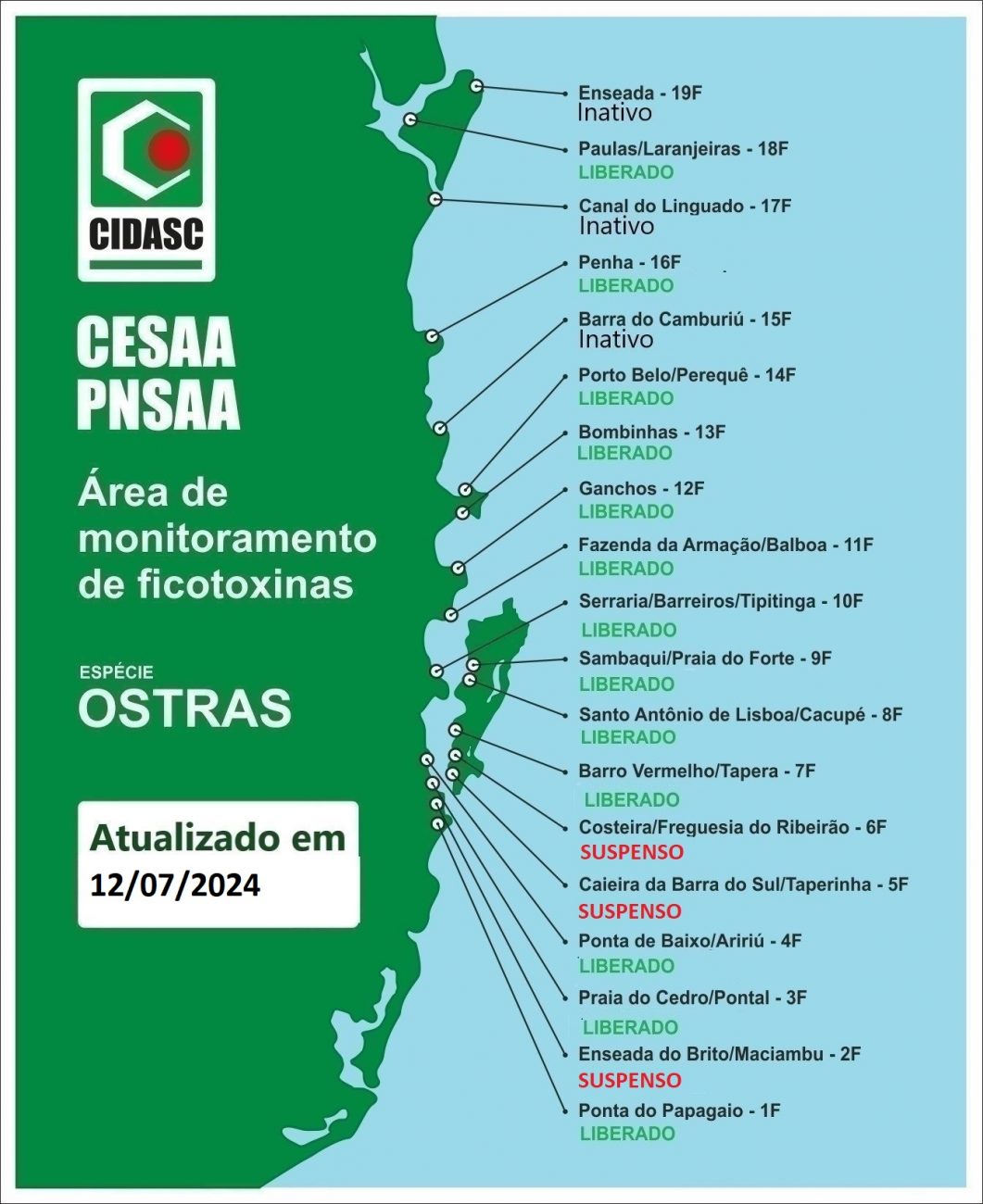 Confira as áreas onde o cultivo de ostras foi suspenso pelo Cidasc na sexta-feira (12) - Cidasc/Divulgação/ND