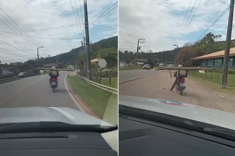 Homem transportando tronco de árvore na moto