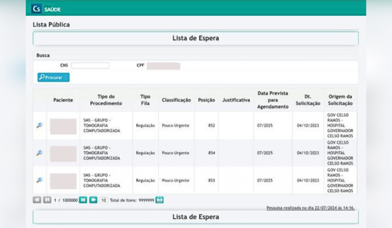 Print de lista de espera de exame para paciente com câncer de SC