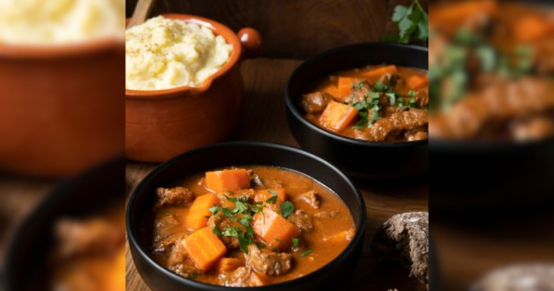 Duas tigelas de sopas com purê de batata ao fundo