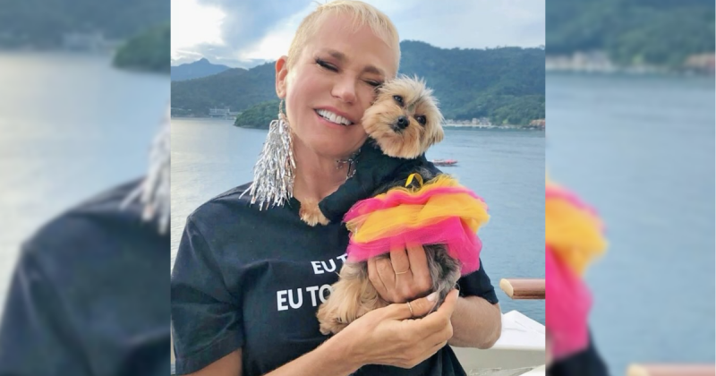 Xuxa abraçada com cachorro, vestido com “frufru”