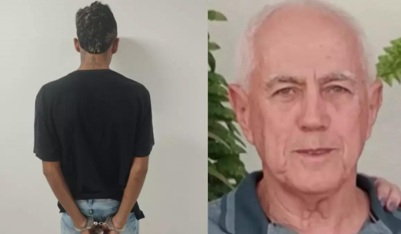 Fotomontagem mostra à esquerda homem negro de costas com as mãos amarradas para trás enquanto usa uma camiseta preta sem estampa. À direita, um homem idoso branco de cabelos grisalhos sorri de forma tímida, ele é o advogado morto achado em uma geladeira no Paraná