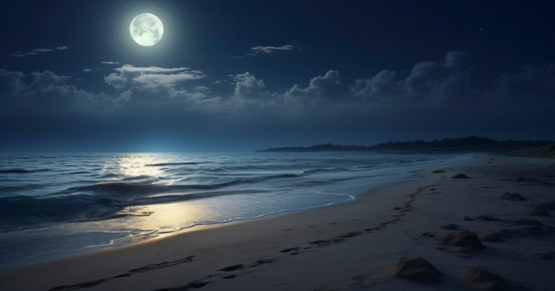 Sea, beach and moon on the horizon