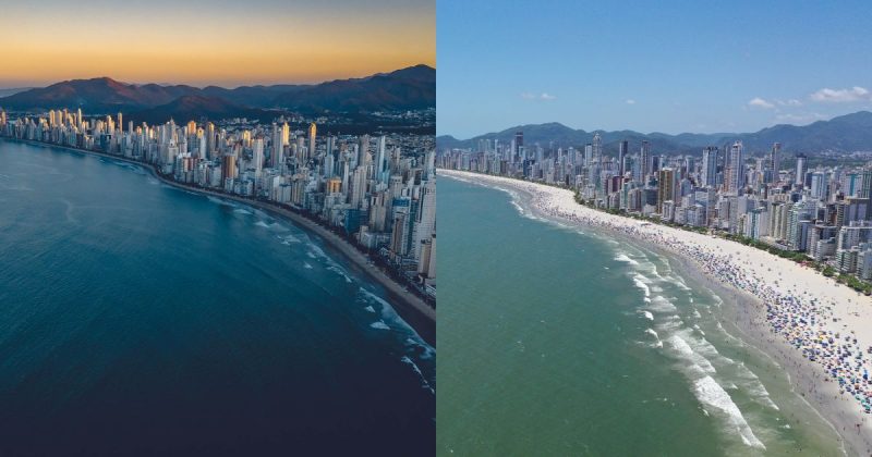 Foto do antes e depois do alargamento da Praia Central