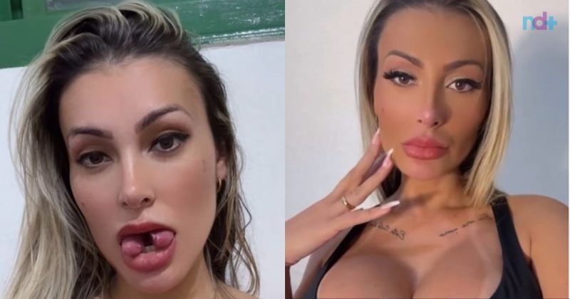 Imagem da modelo Andressa Urach com a língua bifurcada