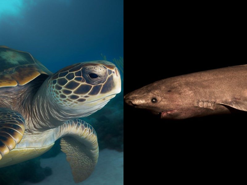 Montagem com dois dos animais mais lentos do mundo, uma tartaruga-cabeçuda e um tubarão-da-groelândia