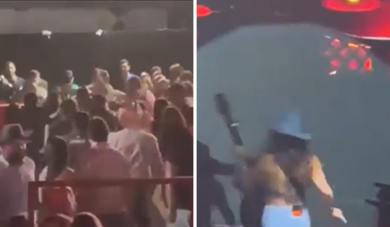 Fotomontagem mostra a cantora Lauana Prado de costas saindo de palco e À esquerda multidão em plateia de show briga