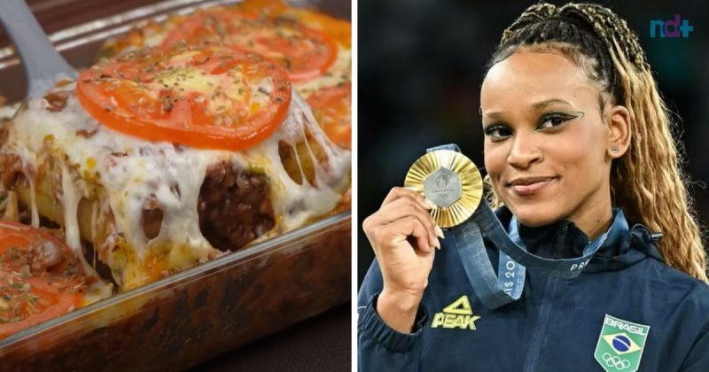 Fotomontagem mostra receita com batata, carne e queijo e Rebeca Andrade com medalha de ouro