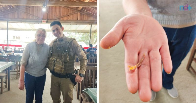 Fotomontagem mostra policial, mulher salva e osso de galinha que ele engasgou