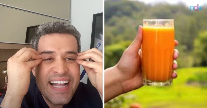 Fotomontagem de médico e suco que melhora em 10 vezes a produção de colágeno