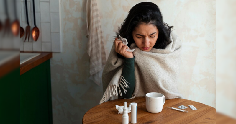 Mulher em mesa com chás para gripe e remédios 