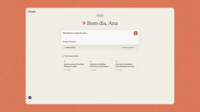 Layout do ClaudeAI Layout do ClaudeAI, mostrando a personalização da ferramenta com um "Bom dia, Ana"