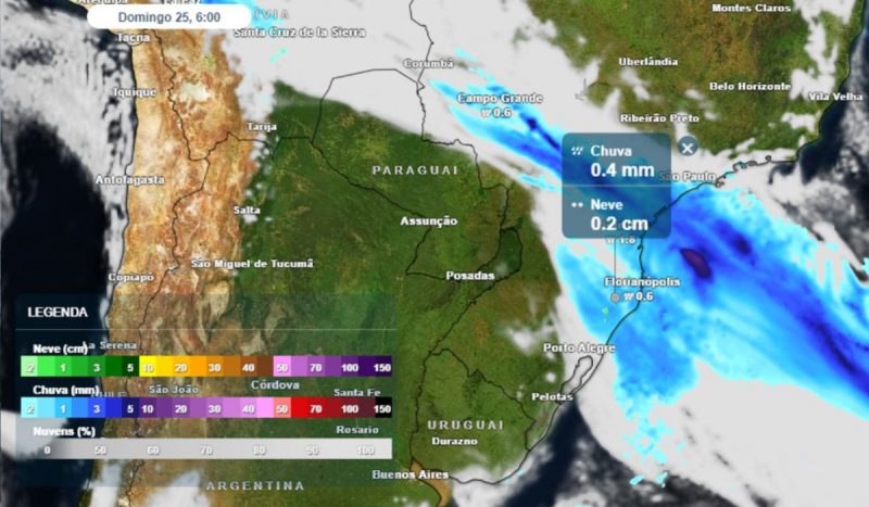 Regiões mais altas de Santa Catarina e Rio Grande do Sul poderão registrar ocorrência de neve