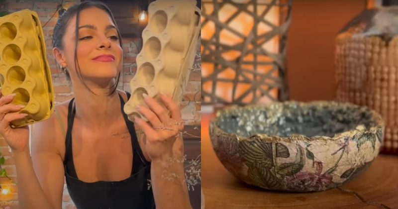 Influenciadora, Maddu Magalhães, ensina passo a passo para transformar caixa de ovos em bowl decorativo sem gastar muito