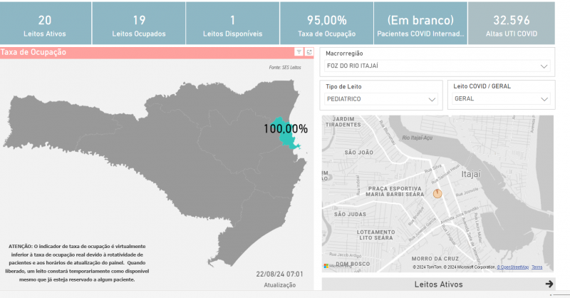 Imagem do mapa mostra região com leitos completos