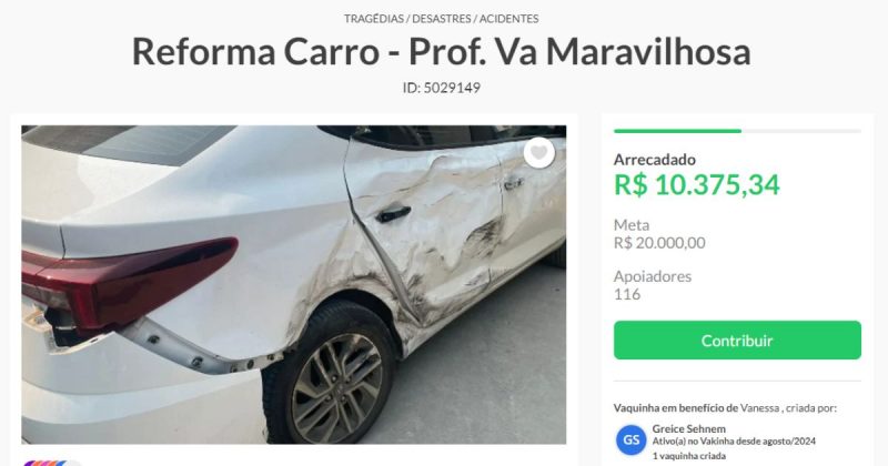 Professora recebe ajuda de famílias de alunos por meio de vaquinha criada para arcar com os custos de um conserto de carro atingido durante uma perseguição policial 