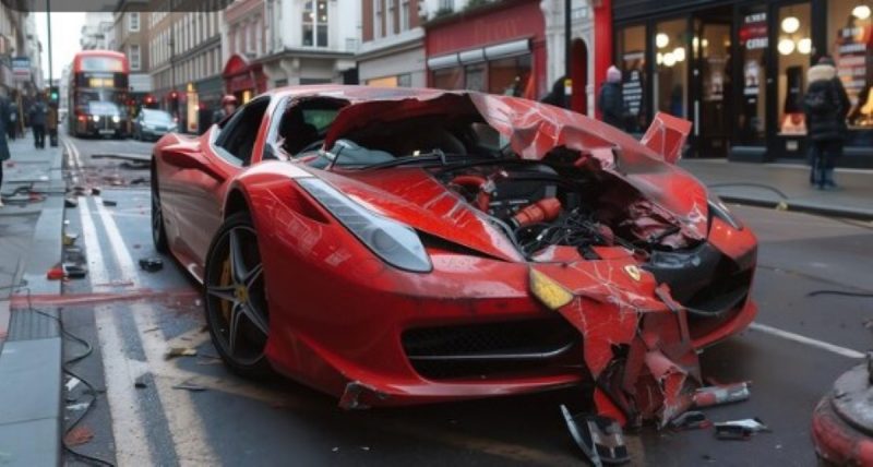 na imagem aparece um carro de luxo Ferrari batido após acidente de trânsito