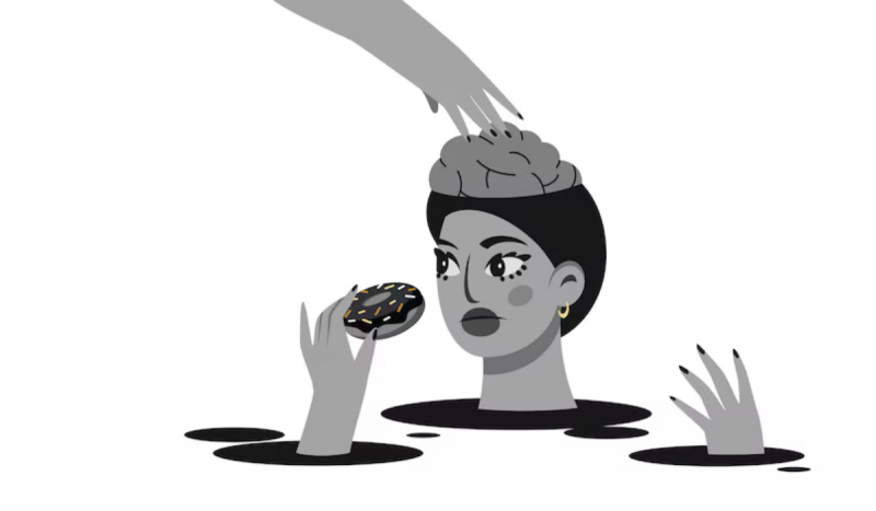 Ilustração de mulher comendo donut enquanto uma mão pega no cérebro dela que está sem a parte de cima da cabeça, para ilustar matéria sobre transtornos alimentares