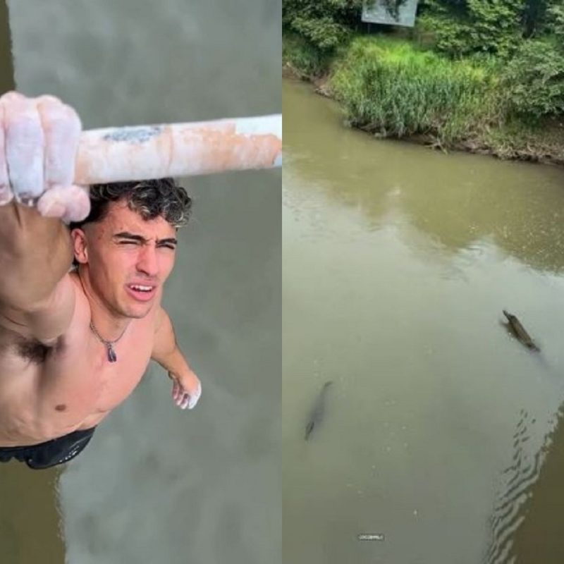 Homem viraliza na internet após cumprir desafio de fazer flexões em cima de rio infestado de crocodilos