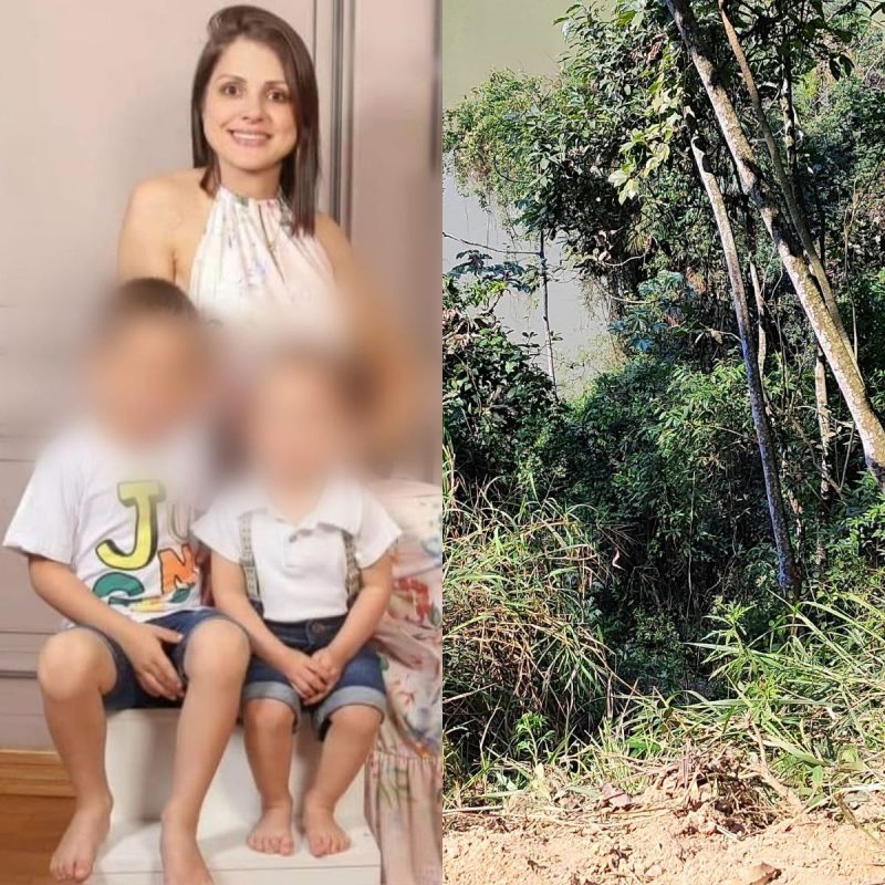 Montagem com foto da mãe e filhos ao lado de local onde carro foi encontrado 