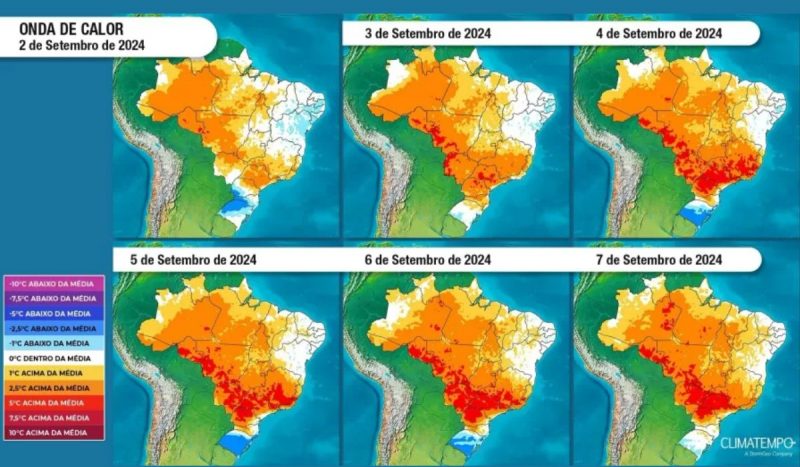 Mapa mostra onda de calor no Brasil na primeira semana de setembro