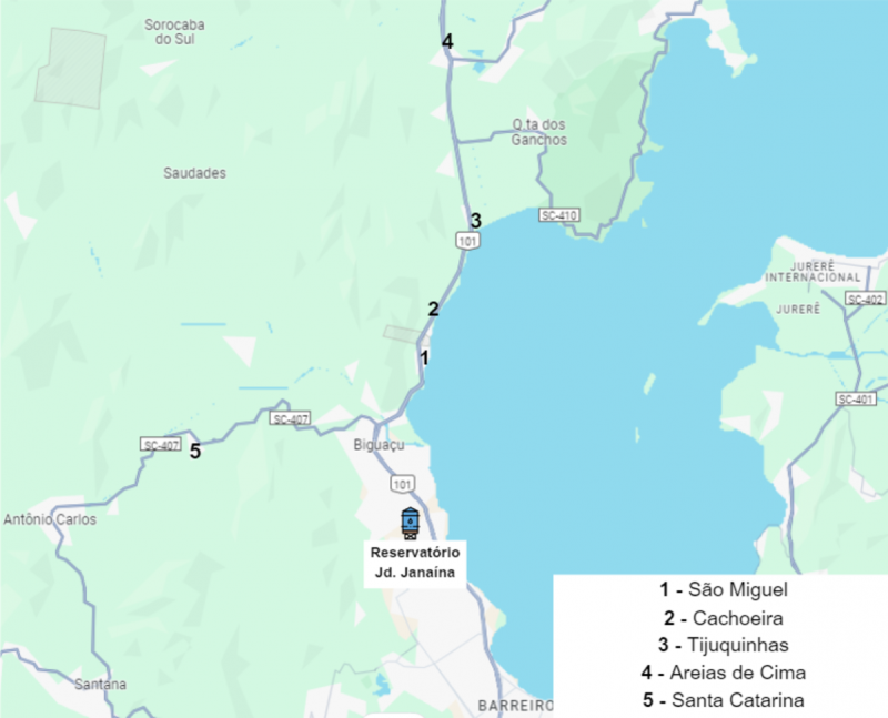 Mapa de Biguaçu mostrando bairros que não serão afetados pela falta de água