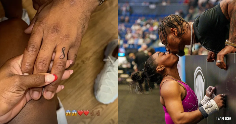 Simone Biles beijando marido e em outra imagem mostra tatuagem de marido