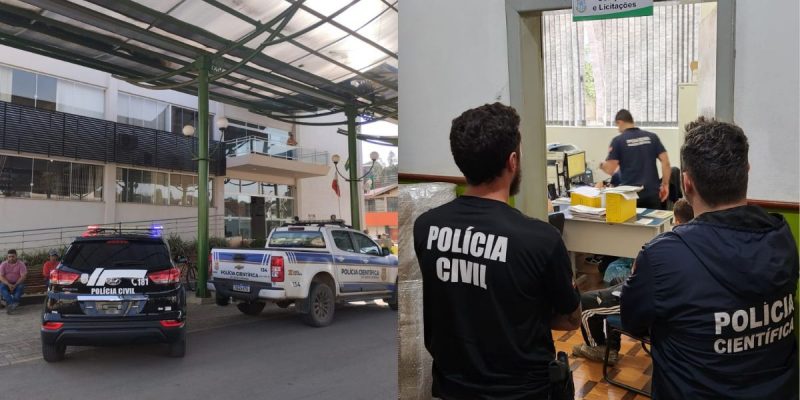 Na foto 1 aparece carros da polícia em frente à Prefeitura de Anita Garibaldi. Na foto 2, policiais de costas e um policial analisando documentos da sala de licitações da Prefeitura