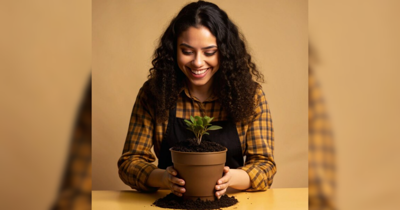 Mulher segurando vaso de planta