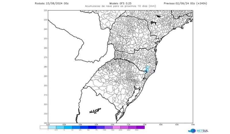 Projeção da MetSul indica neve por três dias em SC